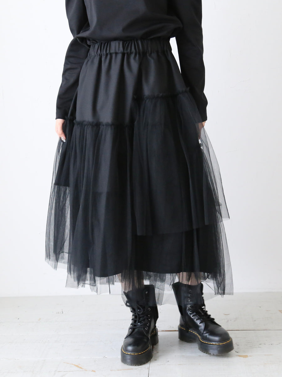 noir kei ninomiya ウールオックス×ナイロンチュールスカート [3N-S020-051] – CREER