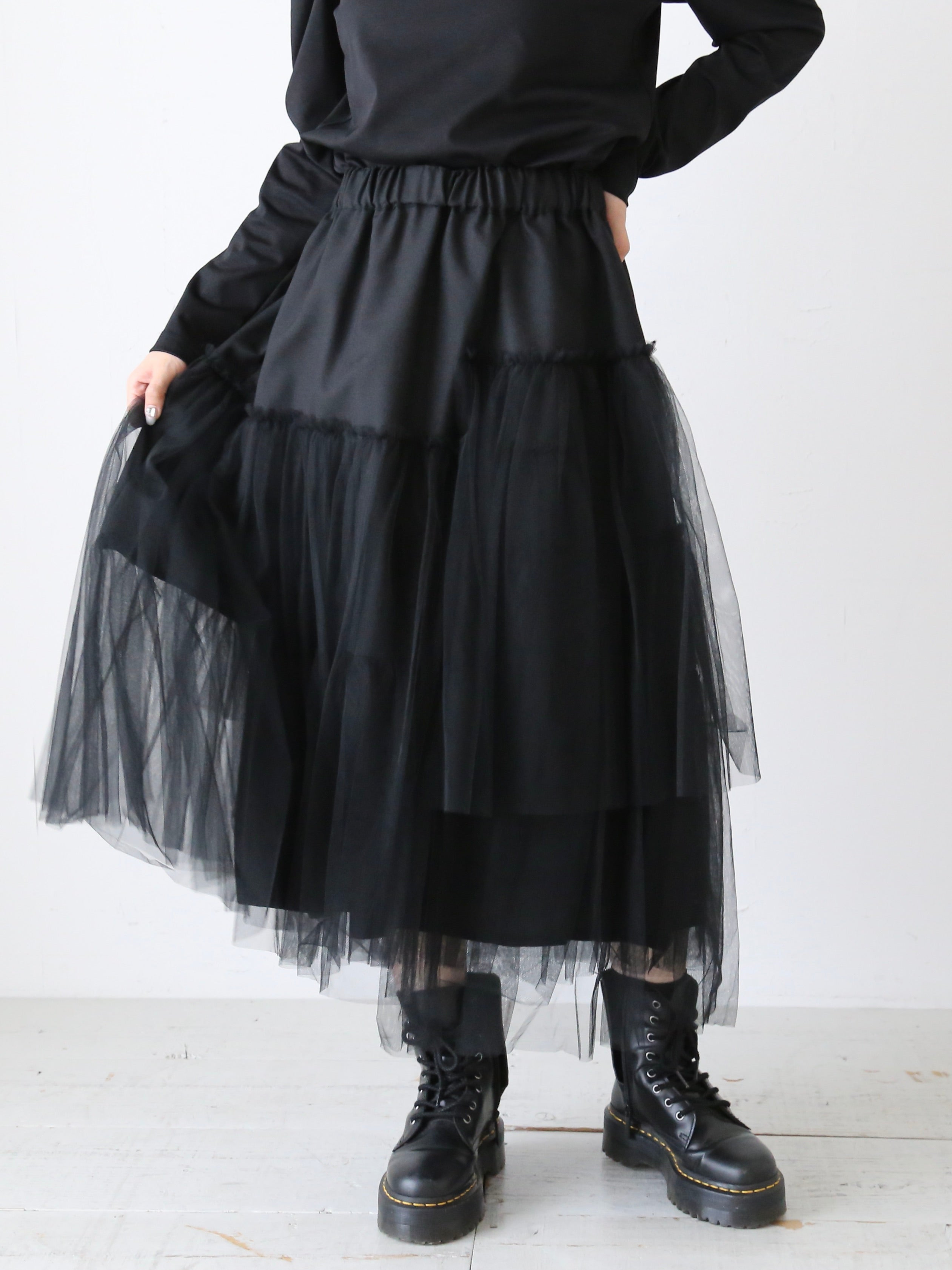 noir kei ninomiya ウールオックス×ナイロンチュールスカート [3N-S020-051] – CREER